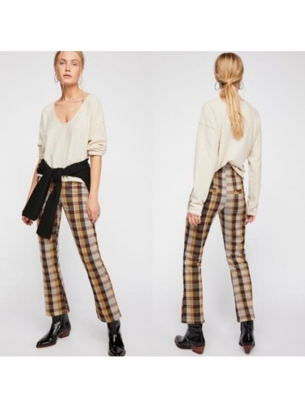 Free People Plaid Pattern Yellow Brown White Straight Leg Pants Style